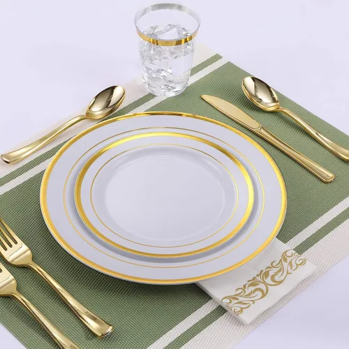 Vista 5 de FOCUSLINE Juego de 120 platos de plástico, platos desechables con borde Platos de plástico dorados