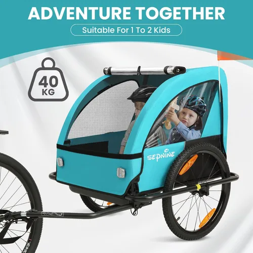 Vista 8 de Remolque de bicicleta para niños, adecuado para 1 a 2 niños, doble asiento, acoplador universal, plegable, toldo con pantalla contra insectos