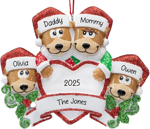 Vista 6 de Adorno de Navidad personalizado de familia de 5 con corazón de oso negro 2026 Padres e hijos personalizados para el árbol de Navidad Recuerdo