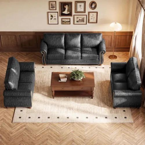 Vista 7 de Juego de sofá con remaches de 88 pulgadas, sofá biplaza moderno con brazo ancho, marco de madera maciza para sala de estar, sofá moderno para Marrón