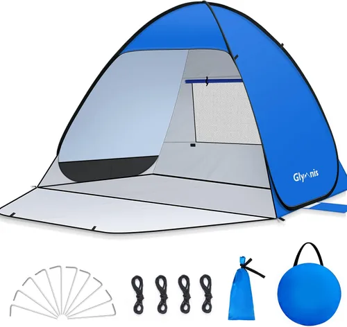 Vista 10 de Glymnis Tienda de campaña de playa desplegable para 1-4 personas, refugio solar UPF 50+ con cremallera para puerta, portátil, fácil de poner