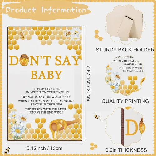 Vista 2 de Unittype 51 Piezas No Digas Bebé Juego de Baby Shower Regalos Incluye Letrero de Baby Shower Tema Abeja y 50 Mini Pinzas de Ropa de Abeja para Niños
