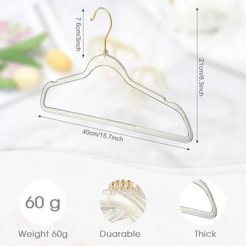 Vista 3 de Weysat - Paquete de 20 perchas de acrílico transparente de plástico con purpurina dorada, antideslizante, ahorro de espacio, ropa resistente