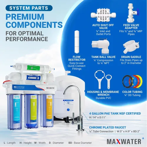 Vista 3 de Max Water 5 etapas 50 GPD (Galones Por Día) Sistema estándar de filtración de agua RO (Ósmosis Inversa) - Instalación bajo el fregadero/montaje
