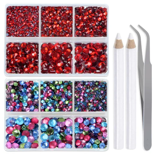 Vista 9 de LPBeads 6400 unidades de diamantes termoadhesivos de 12 colores con parte trasera plana, 5 tamaños mixtos, gemas de cristal redondas con pinzas