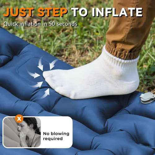 Vista 3 de Colchoneta para dormir, ultraligera e inflable para acampar con almohada con bomba de pie integrada, extra gruesa y compacta para acampar