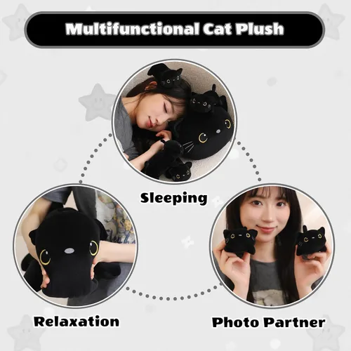 Vista 5 de SQEQE Peluche de gato negro con 4 bebés, gato en la barriga, lindo gato negro de peluche para niños, regalos ideales para Navidad, San Valentín
