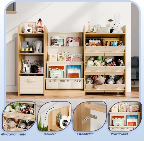 Vista 4 de IKALIFE Organizador de almacenamiento de juguetes y libros para niños - Estantería grande con 7 compartimentos removibles, estantería para bebés