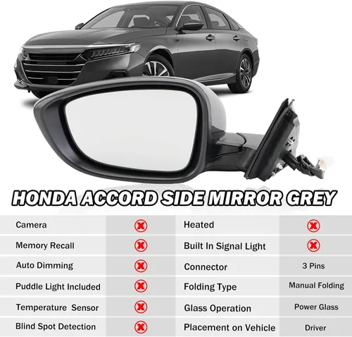 Vista 2 de Espejo lateral izquierdo del conductor compatible con Honda Accord 2018, 2019, 2020, 2021, espejos eléctricos, sin calefacción, deportivo 1.5T, Gris