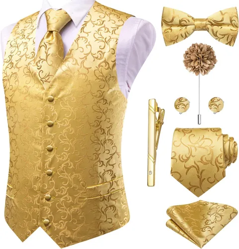 Vista 43 de Hi-Tie Chaleco de traje de seda para hombre, corbata y corbatín de solapa, clip de corbata dorado, chaleco floral de cachemira, 8 piezas, conjunto