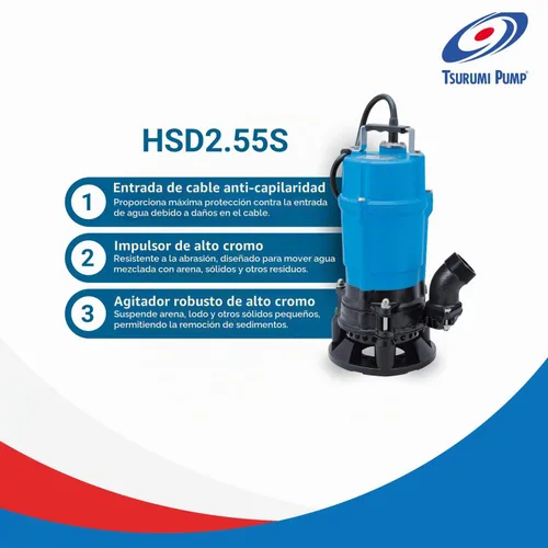 Vista 4 de Tsurumi Pump HSD2.55S Bomba sumergible para lodos con agitador 3/4 HP 115V 2 en descarga ideal para aplicaciones de deshidratación 63 GPM / 3780