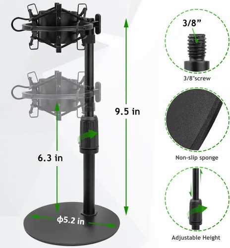 Vista 3 de Soporte de micrófono de escritorio AT2020 actualizado, soporte de micrófono ajustable con soporte de choque y parabrisas de espuma para Audio