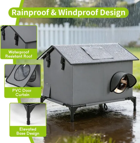 Vista 3 de Casa extragrande para gatos al aire libre, resistente a la intemperie, aislada para interiores y exteriores, casa para varios gatos con puerta