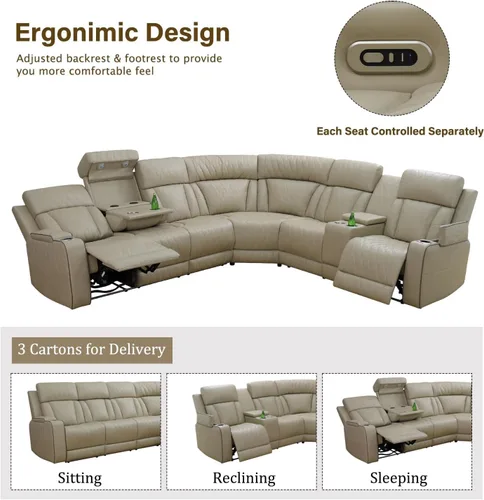 Vista 2 de Sofá seccional de cuero transpirable con sillón reclinable de doble potencia, sofá reclinable en forma de L de 6 plazas para sala de estar, sofá