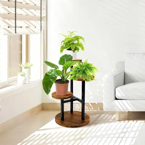 Vista 5 de AUGOSTA - Soporte para plantas de 3 niveles, estante alto de metal y madera para exhibición en interiores y exteriores, soporte para macetas