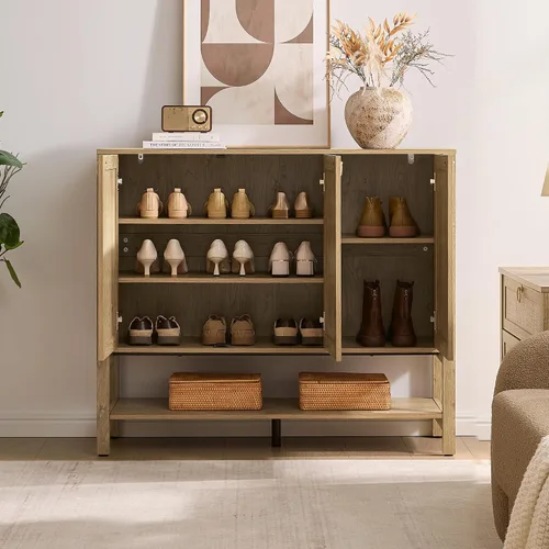 Vista 5 de SICOTAS Gabinete de Zapatos de Ratán con Almacenamiento para Entrada - Organizador de Almacenamiento de Zapatos Boho para 30 Pares con Estantes