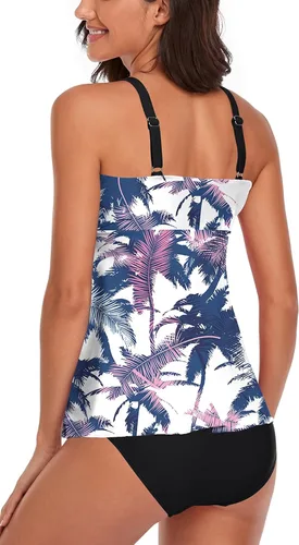 Vista 3 de Omichic Women Tankini Bathing Suits Two Piece Modest Blouson Tankini Top with Bikini Bottom