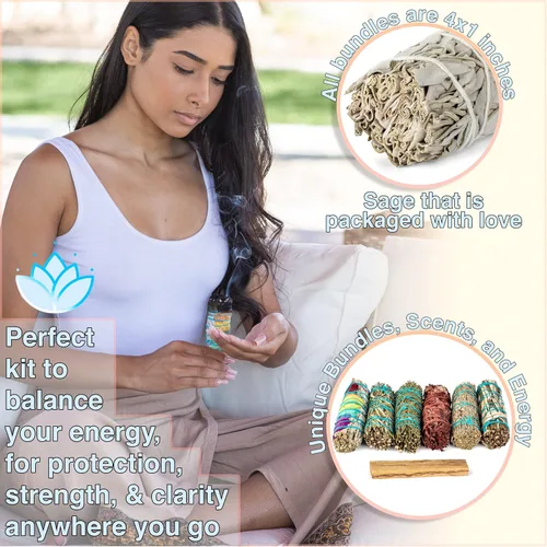 Vista 2 de Kit de 7 Salbias para Limpiar con Salvia Azul, Salvia Blanca de 7 Chakras, Cedro, Sangre de Dragón, Romero, Yerba Santa, Palo Santo Salvia Blanca