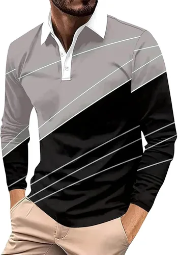 Vista 24 de Camisa polo para hombre, manga larga, cuello abotonado, bloque de color, moda para trabajo y golf