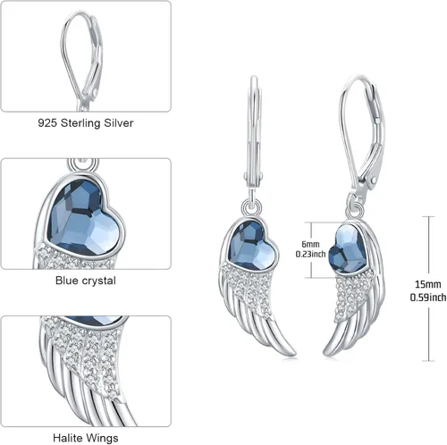 Vista 3 de Aretes hipoalergénicos de anclaje, celta, ángel, para mujeres y niñas, de plata de ley 925, con forma de corazón azul, celta, alas, anclaje