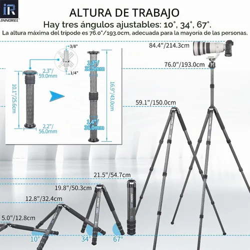 Vista 6 de INNOREL KT364C - Trípode compacto de fibra de carbono de 10 capas, 1.417 in, tubo grande, trípode de viaje profesional para videocámara digital Solo