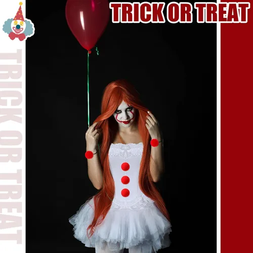 Vista 7 de Hercicy 6 piezas de disfraz de payaso de Halloween, incluye corsé, falda tutú, alfiler de tanga y cuerda de pelo rojo para mujeres adultas