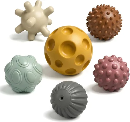 Vista 15 de Pelotas sensoriales, juguetes Montessori con sonajero de bebé de 3 a 6 meses 6 Multiple Textured Stress Balls with Blue Rattle, Bright