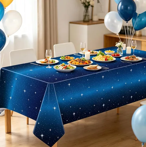 Vista 5 de Juego de 4 manteles de noche estrellada – Mantel rectangular de plástico de 86 x 51 pies, cubierta de mesa temática espacial – Suministros