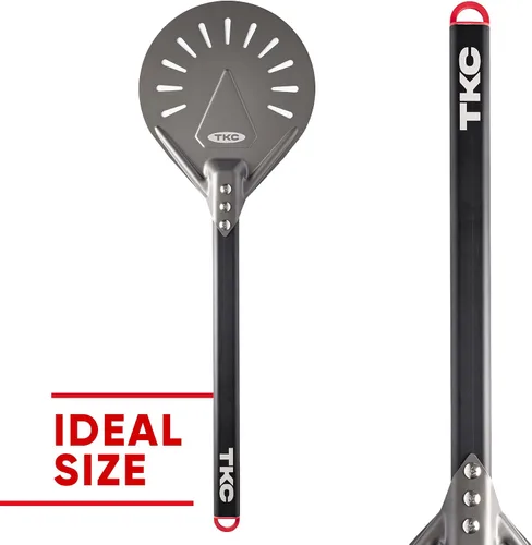 Vista 3 de TKC Pela de pizza perforada de 8 pulgadas – Pela profesional de aluminio para pizza – Espátula de pizza de metal de mango largo para interiores
