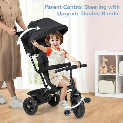 Vista 4 de INFANS Triciclo para Niños, Triciclo de Bebé 6 en 1 Bicicleta para Niños Pequeños con Asiento Reversible, Mango de Empuje Ajustable, Control