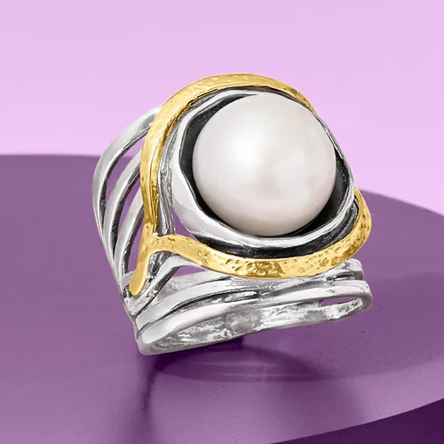 Vista 6 de Ross-Simons Pearl or Gemstone Openwork Ring in Silver and 14kt Yellow Gold