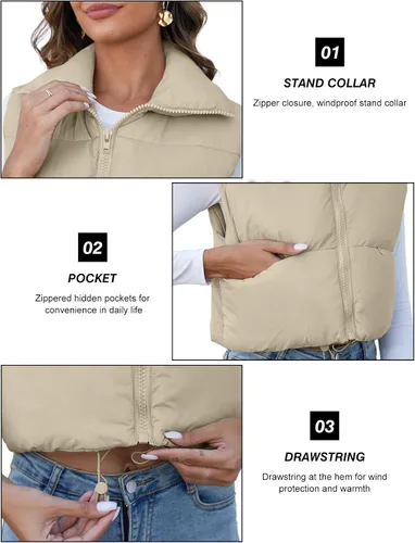 Vista 5 de PEHMEA Chaleco acolchado para mujer, cuello alto, ligero, sin mangas, con cremallera, chaleco de abrigo