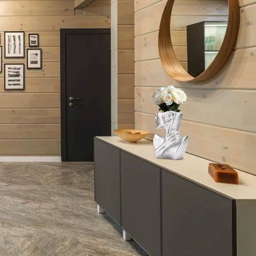 Vista 8 de BRABUD Maceta de resina de media cara con cabeza de plata, maceta para interiores y exteriores, moderna decoración para el hogar, habitación