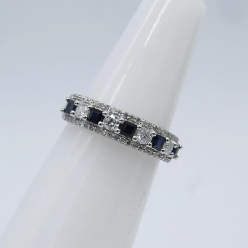 Vista 20 de Dazzlingrock Collection Anillo de boda de 9 piedras de zafiro azul princesa y diamante blanco redondo de 0.098 in cada uno en oro de 14 quilates