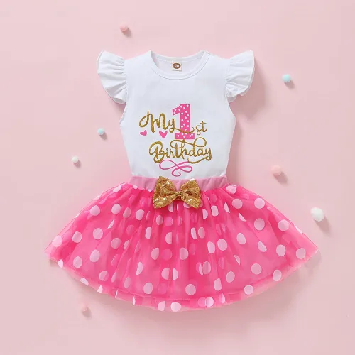 Vista 8 de Conjunto de mameluco de algodón para el primer cumpleaños para niñas con lentejuelas y lazo para la cabeza, 3 piezas