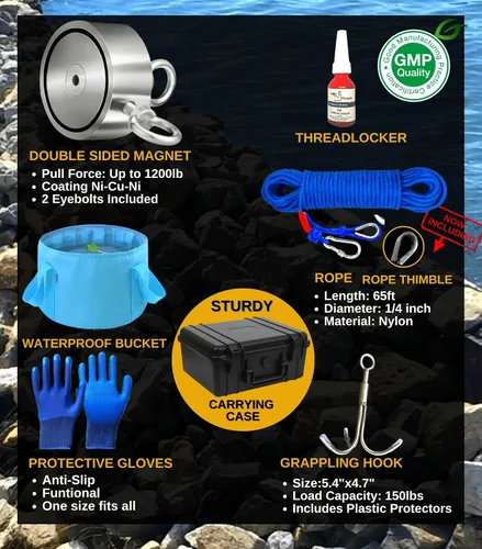 Vista 4 de Logui Projects Kit de pesca con imán de 1200 libras con estuche, 2 imanes de pesca en 1 (imán de doble cara), con gancho de agarre, cuerda