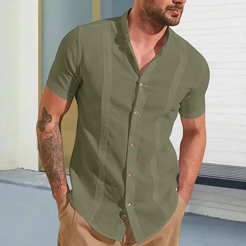 Vista 2 de Camisas de manga corta para hombre, camisas casuales a rayas, camisa de guayabera cubana con botones, camisas de verano para la playa y la boda