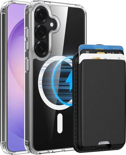 Vista 21 de Funda magnética para Samsung Galaxy S25 FE, transparente y negro con soporte para tarjetas de crédito desmontable, compatible con MagSafe, ajuste