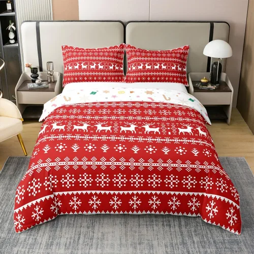 Vista 9 de Funda de edredón de árbol de Navidad 100% algodón natural, juego de ropa de cama de copos de nieve de Navidad para niños y niñas, funda de edredón