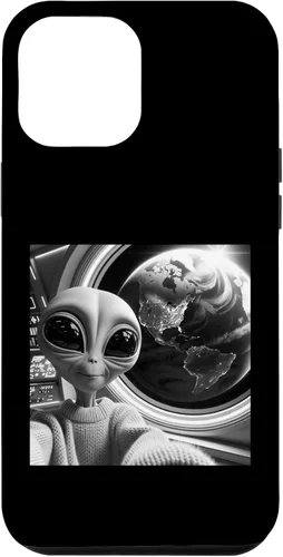 Vista 6 de iPhone 14 lindo alienígena divertido negro y blanco selfie UFO Earth caso