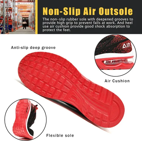 Vista 4 de HiHatide - Zapatos con punta de acero para hombre, zapatos de trabajo, zapatos de seguridad, con amortiguación de aire, ligeros, antideslizantes