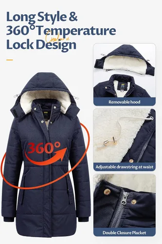 Vista 5 de CREATMO US Abrigo de invierno de sherpa grueso para mujer, chaqueta de nieve cálida con capucha extraíble