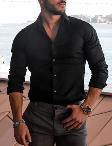 Vista 2 de ACHUSE Camisas de vestir para hombre, de manga larga, elásticas, ajustadas, sin arrugas, casuales, con botones
