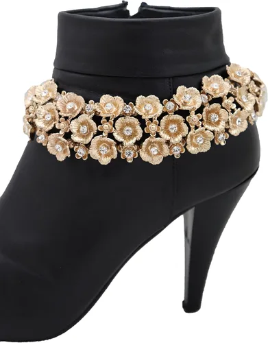 Vista 3 de Pulsera de botas de joyería para mujer, cadena de metal dorado, zapato alto, flor brillante, correa de encanto, boda nupcial, Metal