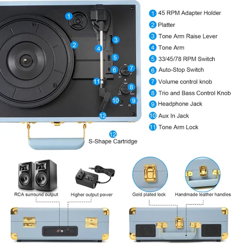 Vista 11 de VINYLSLINK Reproductor de discos de vinilo con Bluetooth, tocadiscos portátil de 3 velocidades con control de agudos y graves, altavoces estéreo
