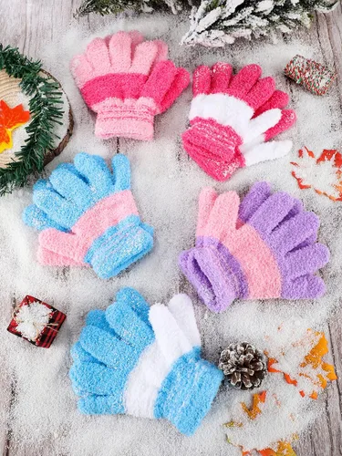 Vista 7 de SATINIOR 5 pares de guantes de dedos completos para niños, guantes de punto cálidos guantes de invierno para niños pequeños y niñas, suministros