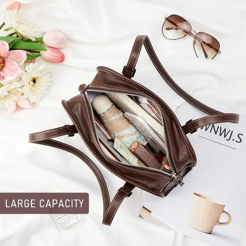 Vista 5 de KALIDI - Bolso de hombro de piel con cremallera Swing para mujer Café
