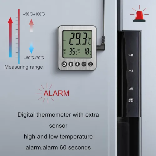 Vista 2 de 2 piezas Termómetro de Refrigerador Alarma de Congelador Termómetro Digital de Congelador Termómetro de Refrigerador con Sensor Extra Alarma de Negro
