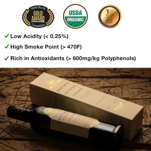 Vista 2 de Entimio Ardente Aceite de oliva virgen extra italiano orgánico de Italia, más de 600 mg/kg alto en polifenoles, ganador del oro 2025, evoo