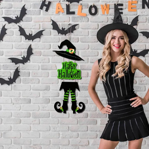 Vista 4 de Yerliker Decoración de letrero de Halloween con patas de bruja, sombrero de madera para colgar, decoración de pared de madera, versión rústica